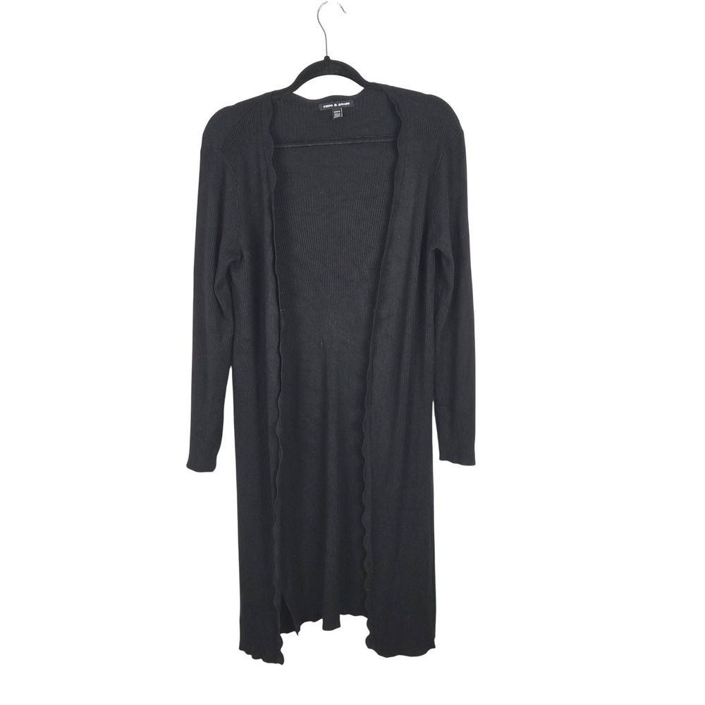 Cable & Gauge Black Ribbed Scallop Hem Knit Long Duster Cardigan Sweater Size M